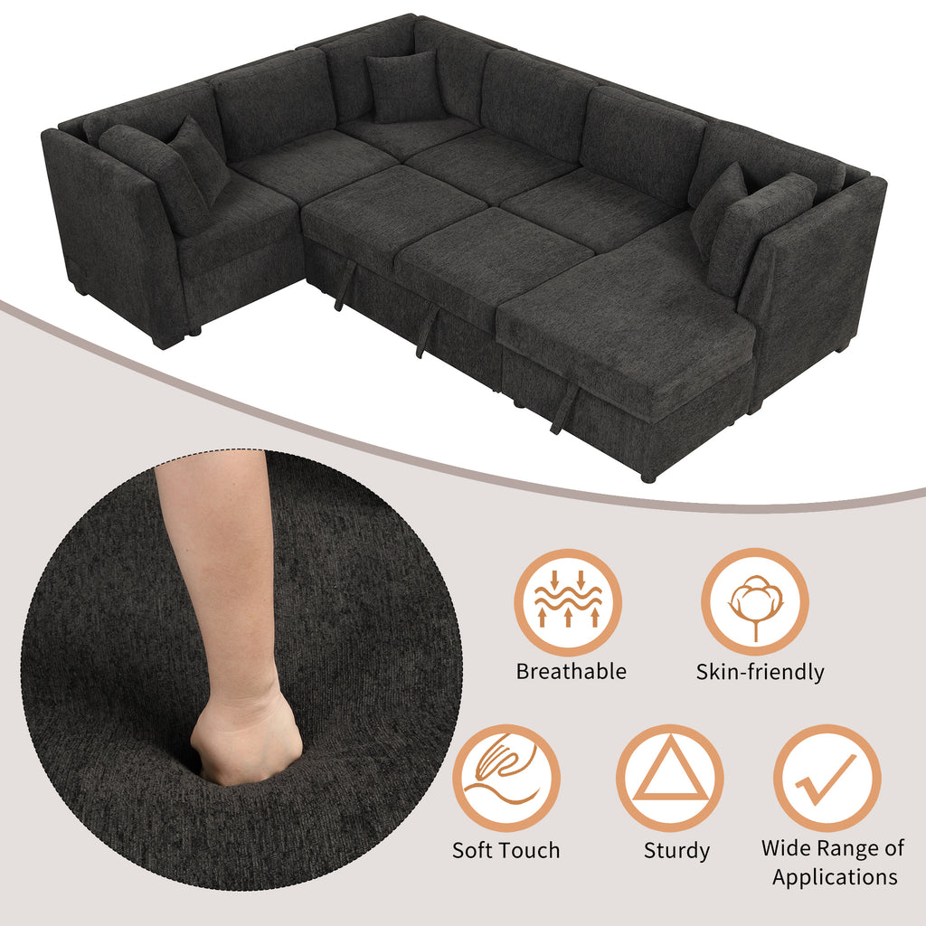 U-shaped Sectional Sofa Pull Out Bed with USB Ports, Power Sockets, Back Pillows & Storage Chaise, Black Chenille, 108.6' - Grand Goldman Shop