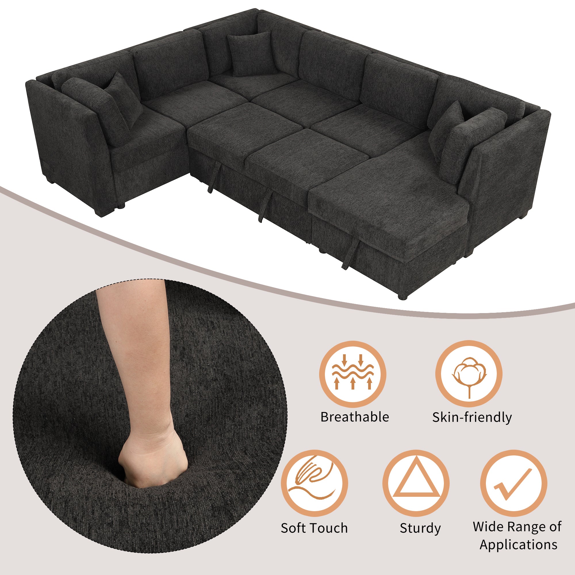 U-shaped Sectional Sofa Pull Out Bed with USB Ports, Power Sockets, Back Pillows & Storage Chaise, Black Chenille, 108.6' - Grand Goldman Shop