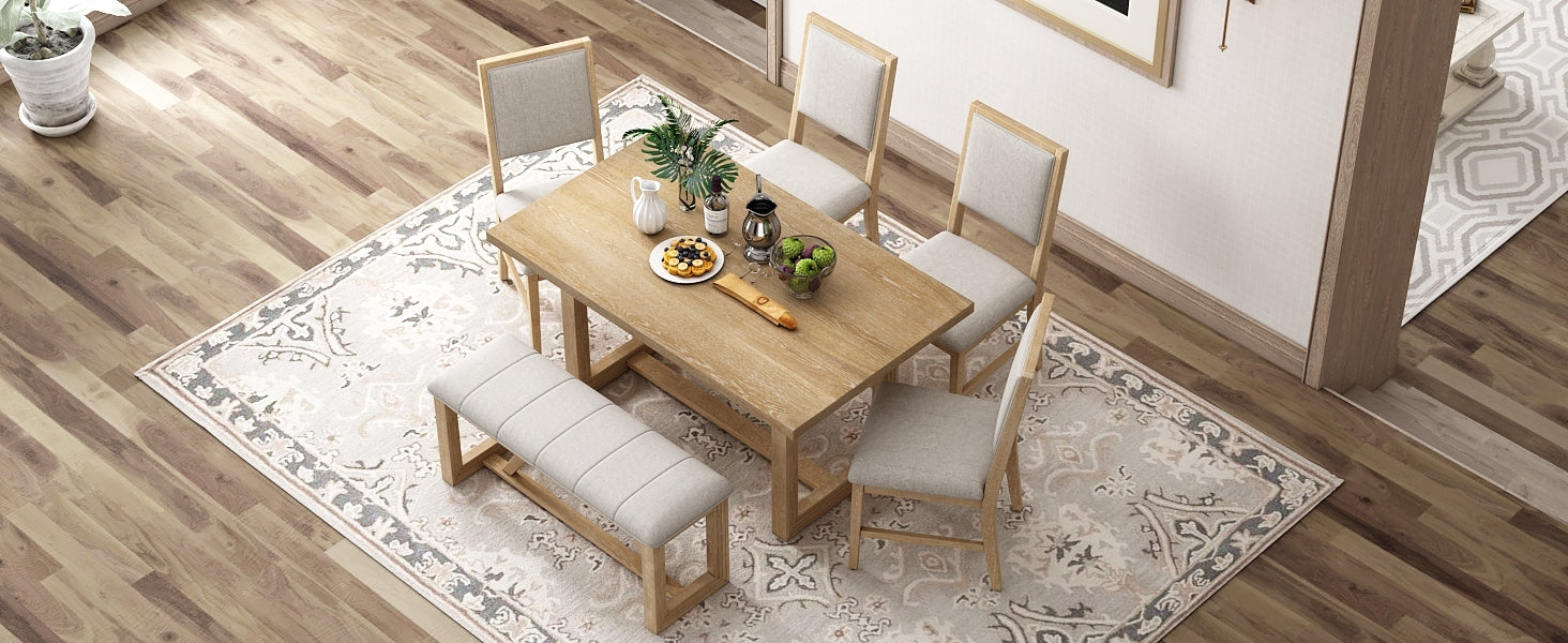 TREXM 6-Piece Retro Dining Table Set for 6, 60' Wood Kitchen Table and Chairs Set of 4 with Bench Designed Trestle Base for kitchen & Dining Room (Natural) - Grand Goldman Shop