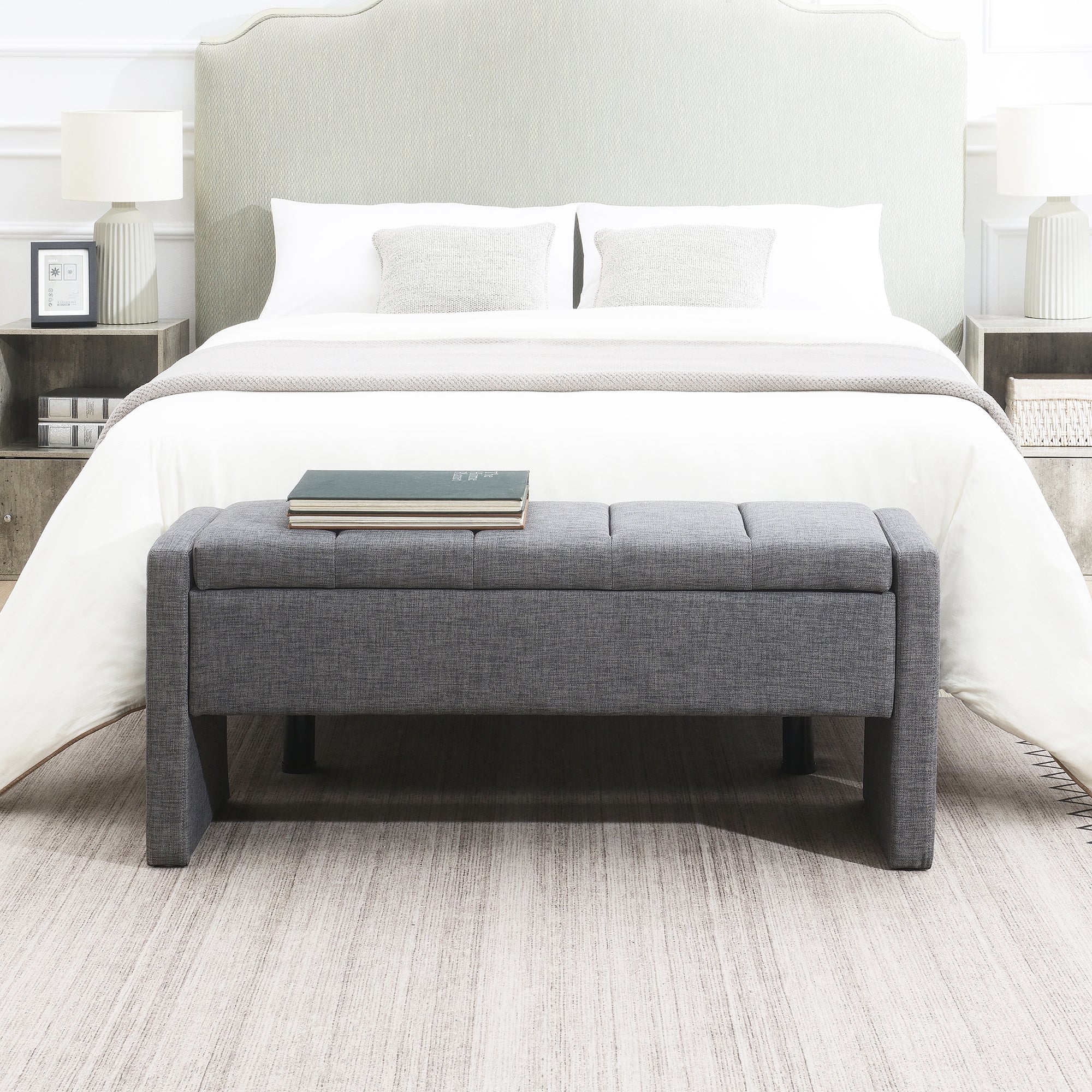 Modern Upholstered Bed End Bench with Storage in Dark Grey Linen, Large Foot Rest Stool for Living Room and Bedroom - Grand Goldman Shop