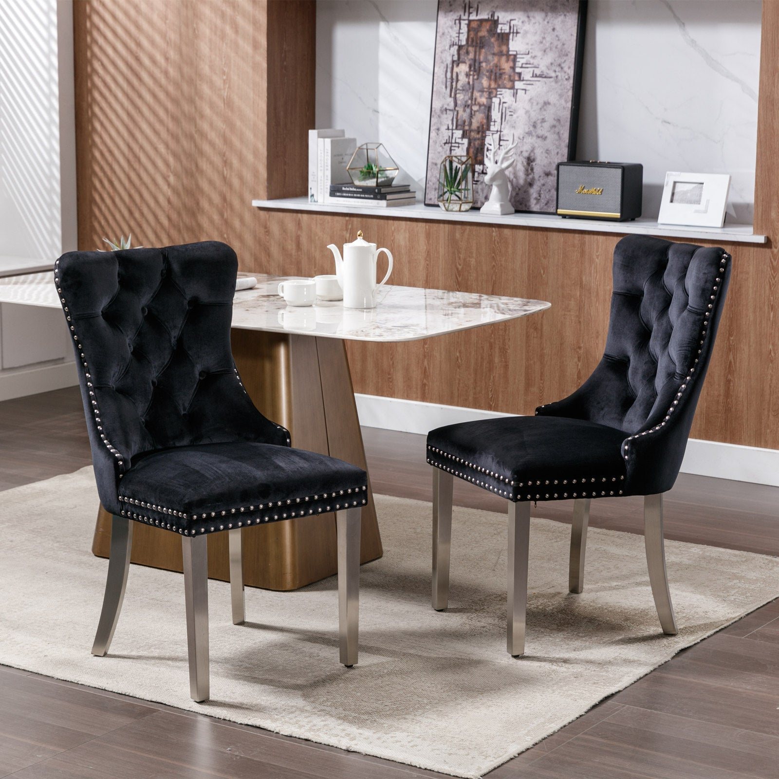 Nikki Collection Modern, High-end Tufted Solid Wood Contemporary Velvet Upholstered Dining Chair with Chrome Stainless Steel Plating Legs,Nailhead Trim,Set of 2,Black and Chrome, SW1701BK - Grand Goldman Shop