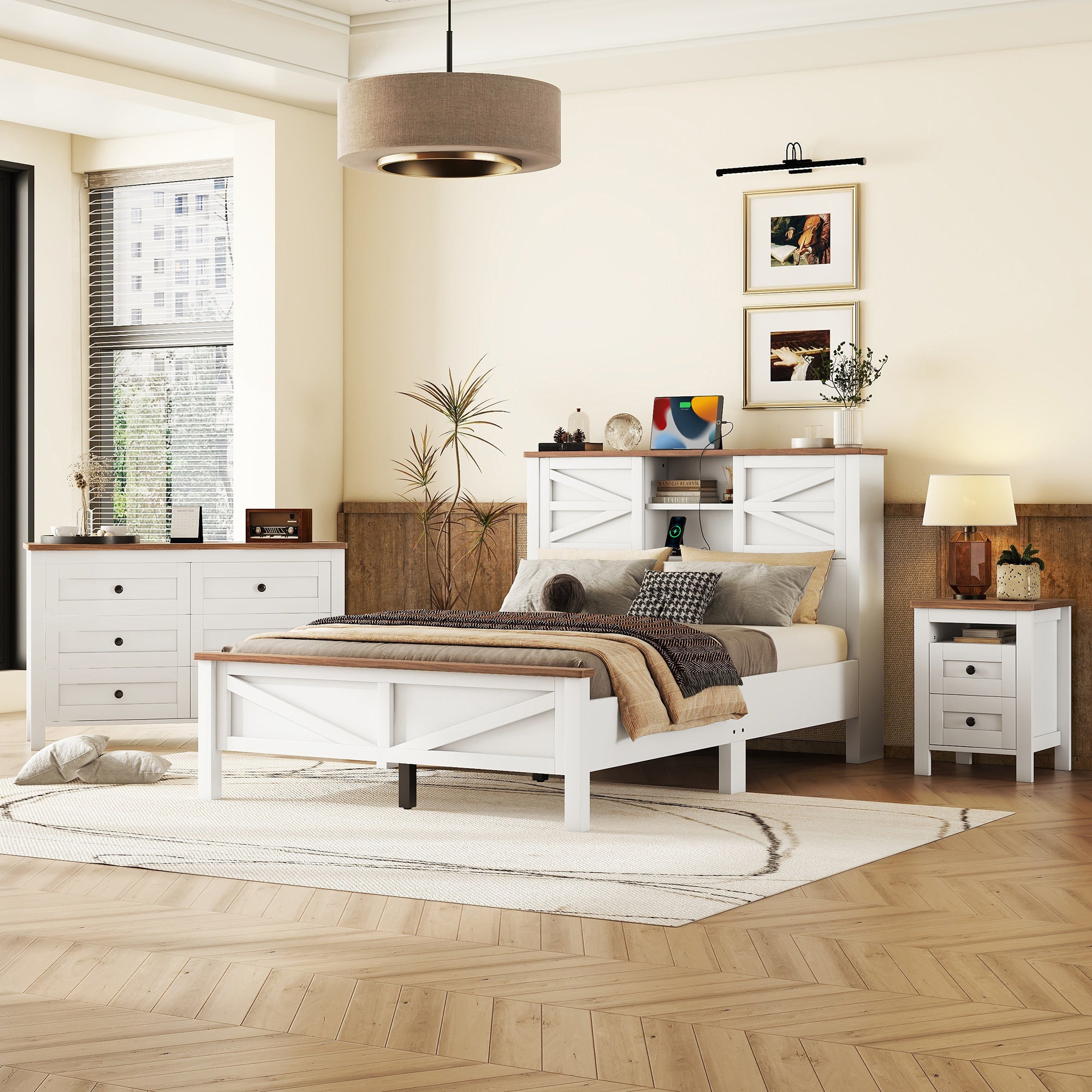 3-Pieces Bedroom Sets Full Size Farmhouse Platform Bed with Double Sliding Door Storage Headboard and Charging Station, Storage Nightstand and Dresser, White+Brown(Old SKU HL000091AAK) - Grand Goldman Shop