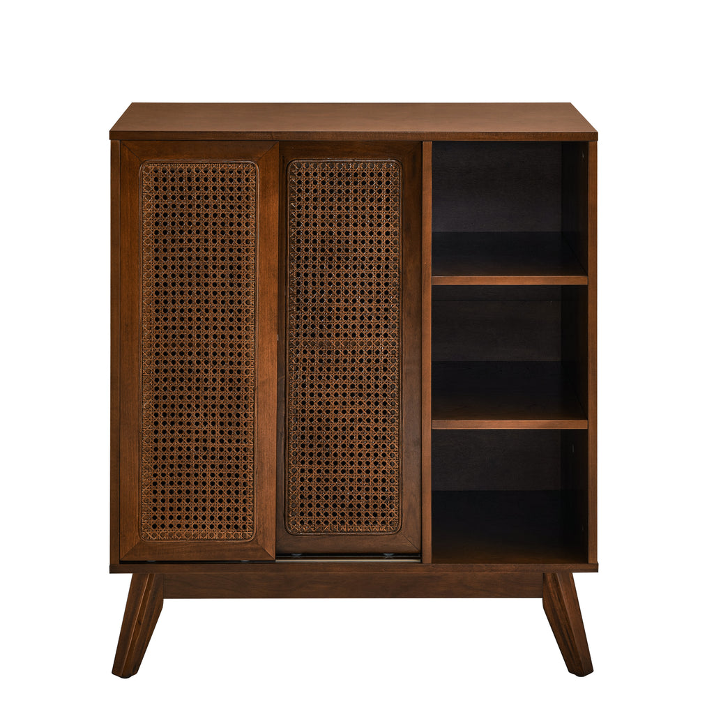 Mid Century Modern Rattan Sideboard Cabinet, Buffet Cabinet for Entryway Hallway Living Room Kitchen Dining Room, Adjustable Shelf & Solid Wood Feet & Rattan Cabinet Doors - Dark Wood - Grand Goldman Shop