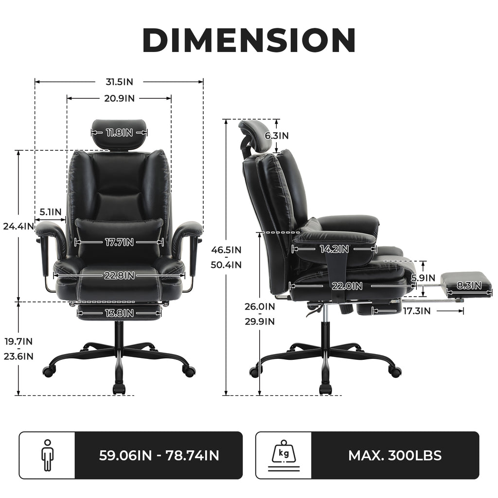 Office Chair Ergonomic 200 kg PU Leather Computer Chair with Lumbar Support and High Backrest, Ergonomic Desk Chair with Lift