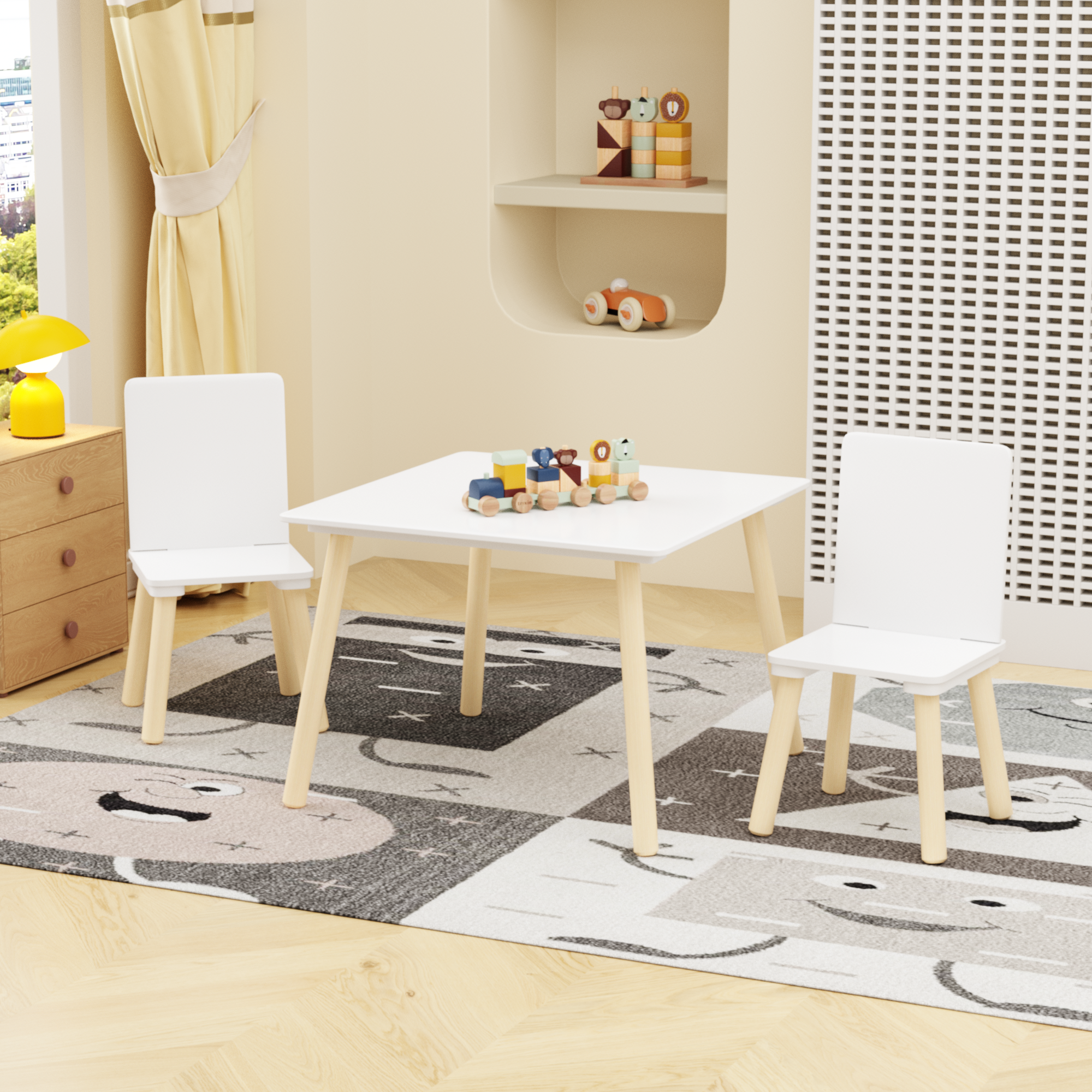 White Wooden Kids Table and 2 Chairs Set, 3-Piece Toddler Activity Play Table with Solid Wood & MDF Construction, Compact Siz