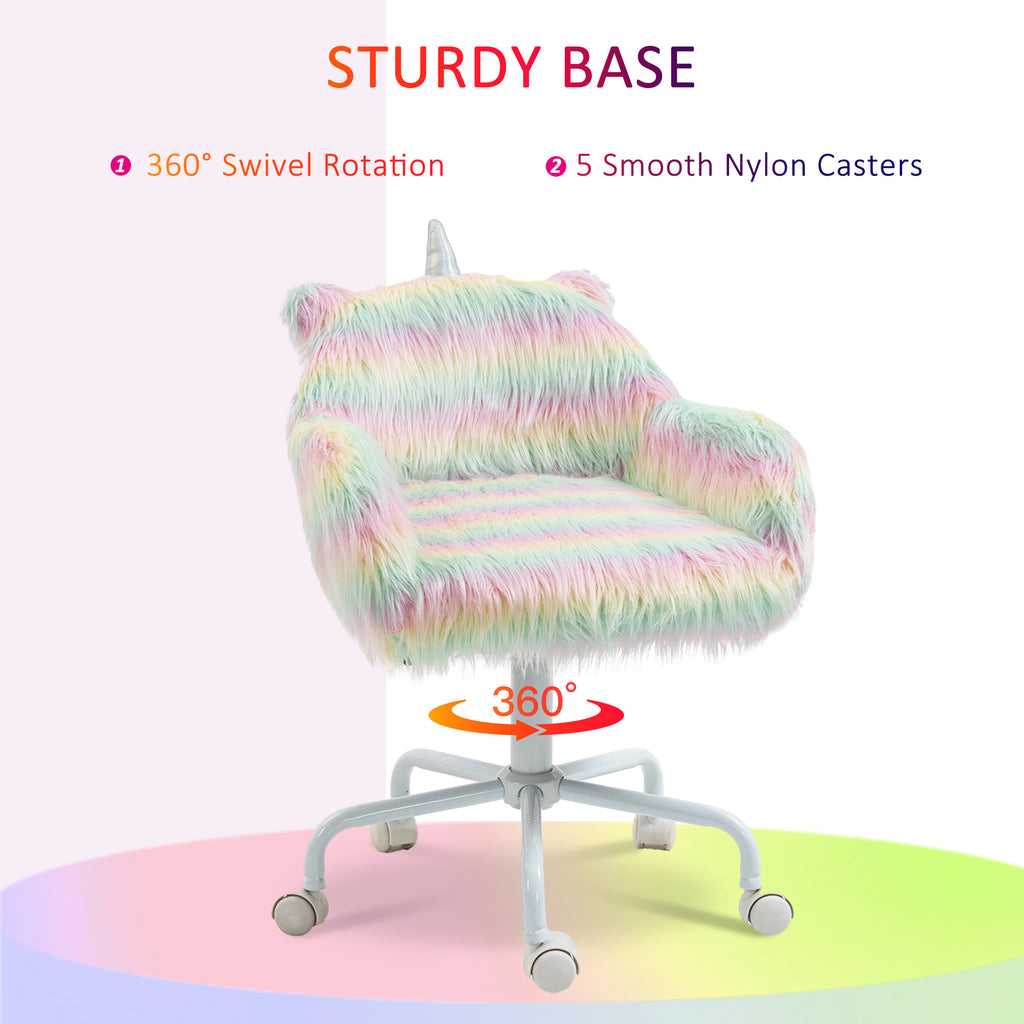 HOMCOM Fluffy Unicorn Office Chair with Mid-Back and Armrest Support, 5 Star Swivel Wheel White Base, Rainbow - Grand Goldman