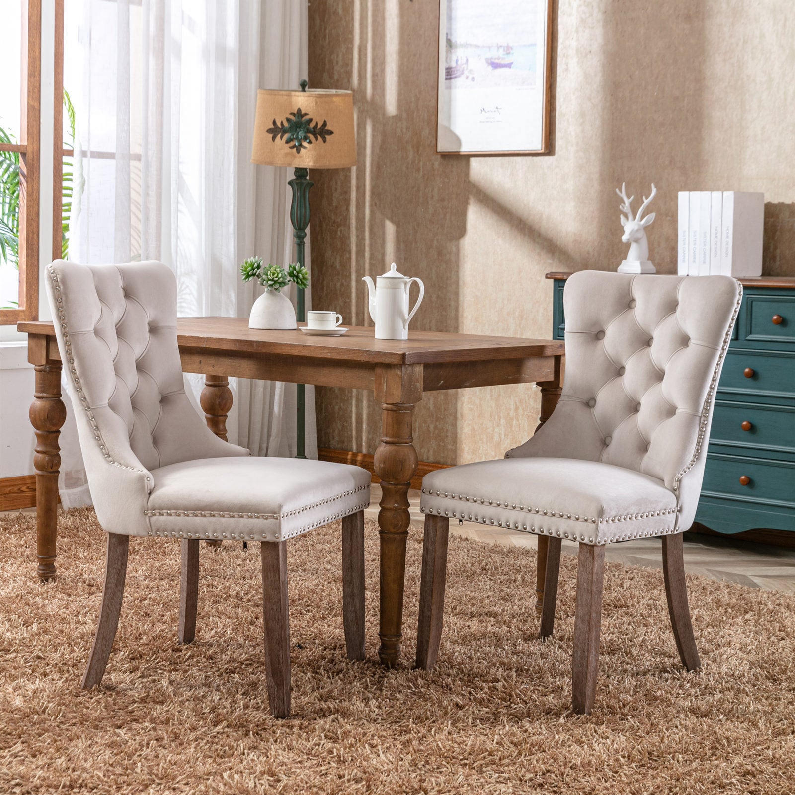 Nikki Collection Modern, High-end Tufted Solid Wood Contemporary Velvet Upholstered Dining Chair with Wood Legs Nailhead Trim 2-Pcs Set,Beige, SW2001BG - Grand Goldman Shop