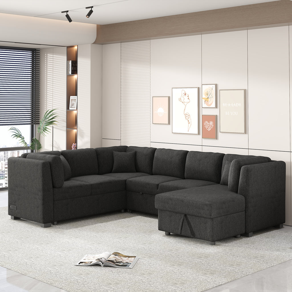 U-shaped Sectional Sofa Pull Out Bed with USB Ports, Power Sockets, Back Pillows & Storage Chaise, Black Chenille, 108.6' - Grand Goldman Shop