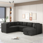 U-shaped Sectional Sofa Pull Out Bed with USB Ports, Power Sockets, Back Pillows & Storage Chaise, Black Chenille, 108.6' - Grand Goldman Shop