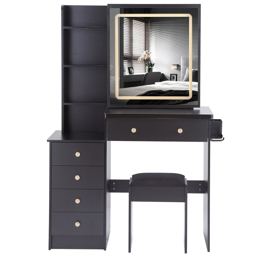 37' Middle Size Left Bedside Cabinet Vanity Table + Cushioned Stool Dresser Set, 2 AC+2 USB Socket, Hair Dryer Stand, Large Touch Control LED Sliding Mirror, 3-color Switch, EPA, GCC, UL Certificate - Grand Goldman Shop