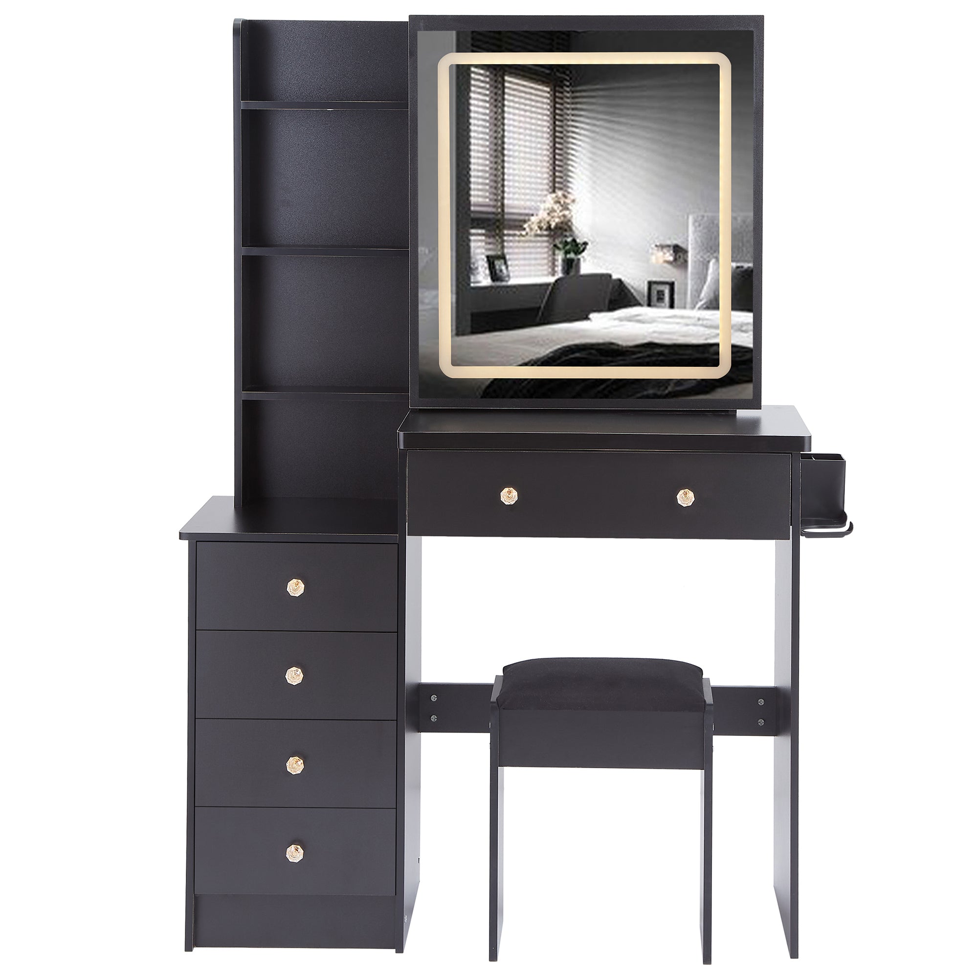 37' Middle Size Left Bedside Cabinet Vanity Table + Cushioned Stool Dresser Set, 2 AC+2 USB Socket, Hair Dryer Stand, Large Touch Control LED Sliding Mirror, 3-color Switch, EPA, GCC, UL Certificate - Grand Goldman Shop