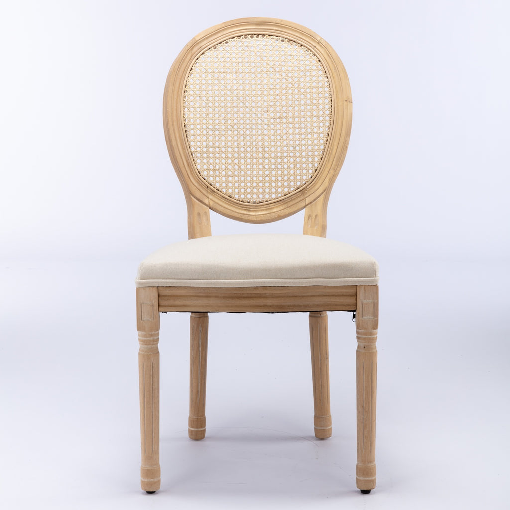 A&A Furniture,French Style Solid Wood Frame Antique Painting Linen Fabric Rattan Back Dining Chair,Set of 2,Cream,Beige - Grand Goldman Shop