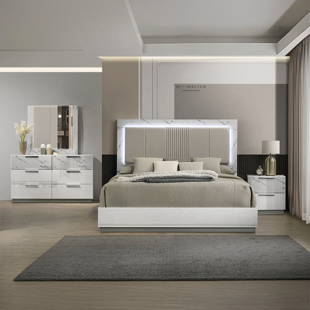 Mist Queen 4-Piece Set – Two-Tone High-Gloss Marble & Lacquer Finish with LED Lighting White - Grand Goldman Shop