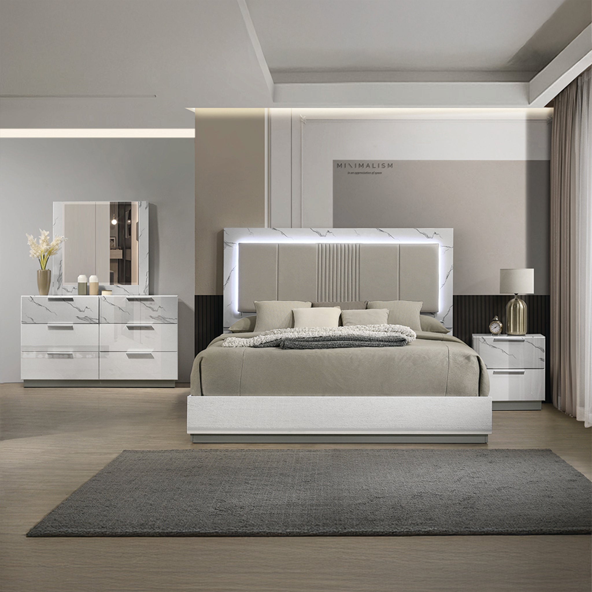 Mist Queen 4-Piece Set – Two-Tone High-Gloss Marble & Lacquer Finish with LED Lighting White - Grand Goldman Shop