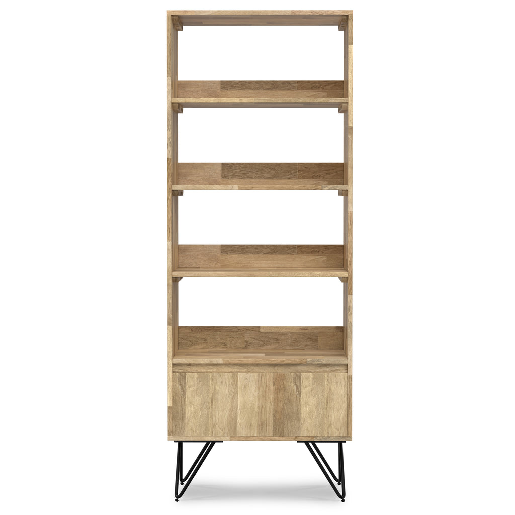 Hunter Tall Bookcase in Natural Finish with Black Metal Legs, Solid Mango Wood, 14D x 24W x 64H inches - Grand Goldman