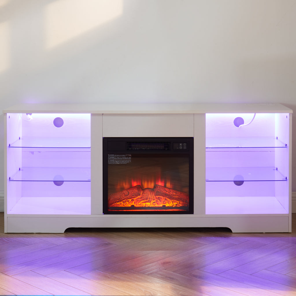 TV Stand Electric Fireplace  Glass Shelves, 3D Fireplace TV Stand with LED Lights Wood with USB Charging Outlet Modern Television Table Center for TV up to 62' White, 58''W*15.4''D*24.6 - Grand Goldman Shop