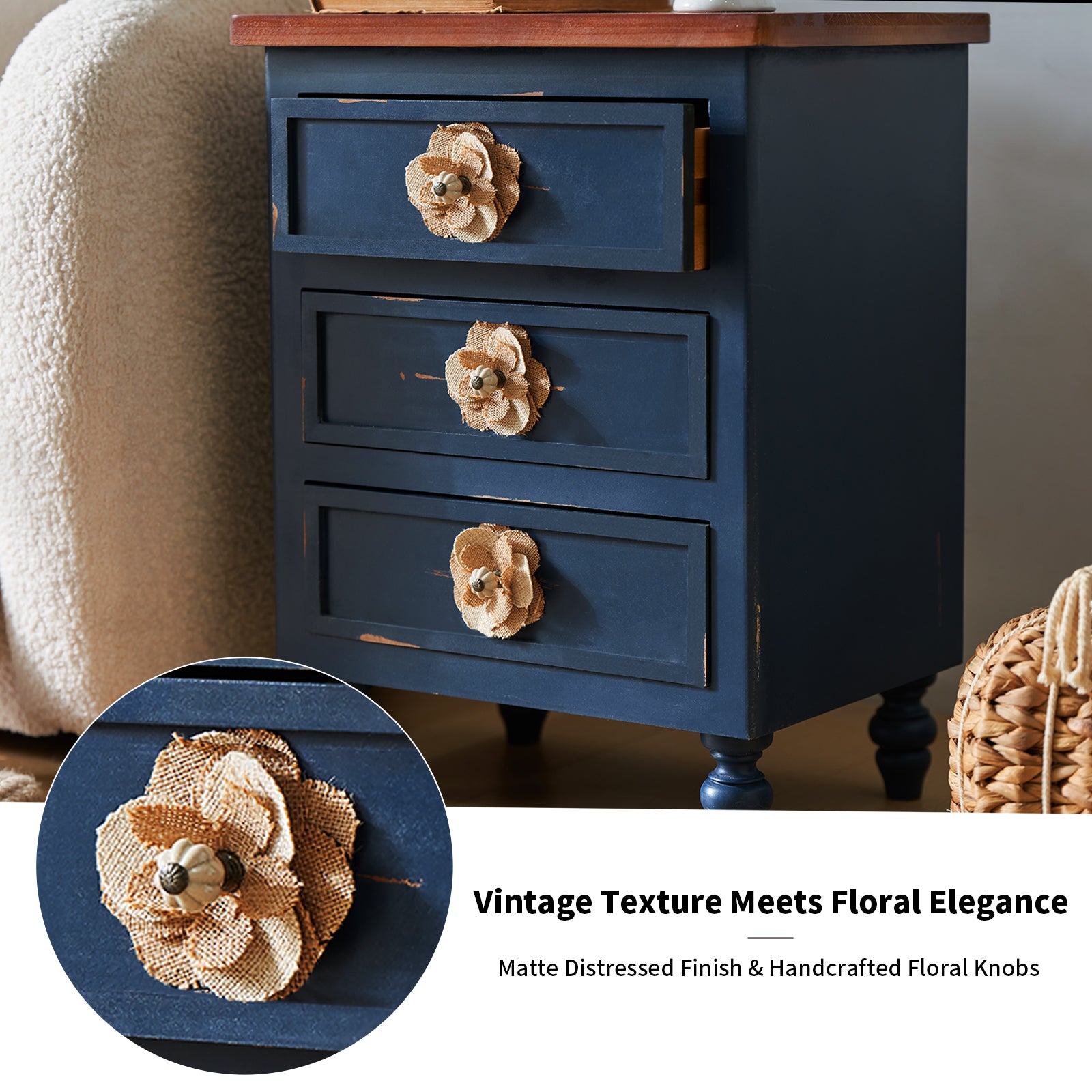 Vintage Farmhouse End Table with Floral Knobs – 19' Rustic Nightstand with 3 Drawers & Gourd Legs,Bedside or Sofa Accent Table, Almost Fully Assembled, Blue - Grand Goldman Shop