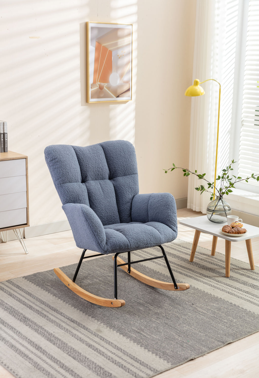 050-Teddy Fabric Rocking Gilder Nursery Chair For Living Room Indoor,Light Blue - Grand Goldman Shop