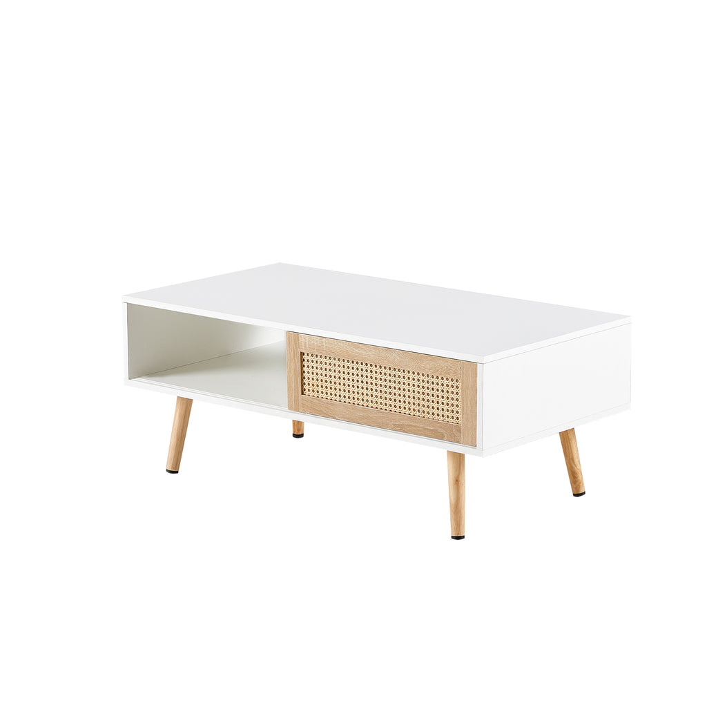 41.34' Rattan Coffee Table, Sliding Door for Storage, Solid Wood Legs, Modern Table for Living Room-White - Grand Goldman Shop