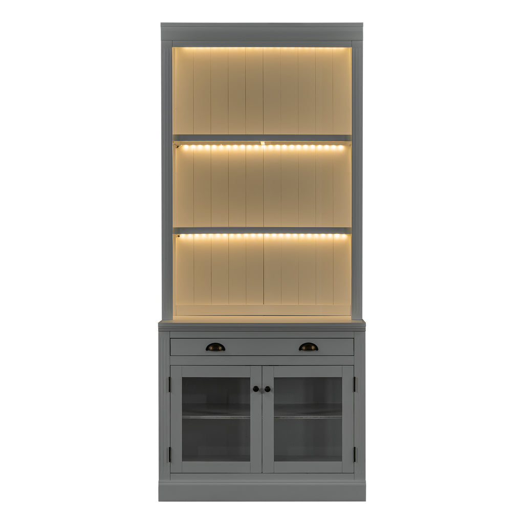 83.4'Tall Bookshelf Suite with LED Lighting, Modern Bookcases with Glass Doors and Drawers,2-Piece Set Storage Bookcase Suite