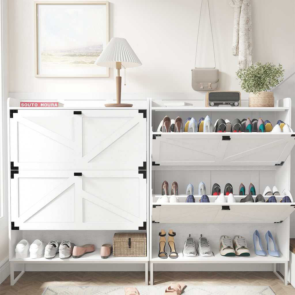 Shoe Cabinet with 2 Flip Drawers,Shoe Storage Cabinet for Entryway,Freestanding Shoe Cabinet Organizer with Open Storage,Narrow Farmhouse Shoe Rack with Metal Corner Decoration Legs,White - Grand Goldman Shop