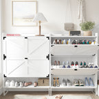 Shoe Cabinet with 2 Flip Drawers,Shoe Storage Cabinet for Entryway,Freestanding Shoe Cabinet Organizer with Open Storage,Narrow Farmhouse Shoe Rack with Metal Corner Decoration Legs,White - Grand Goldman Shop