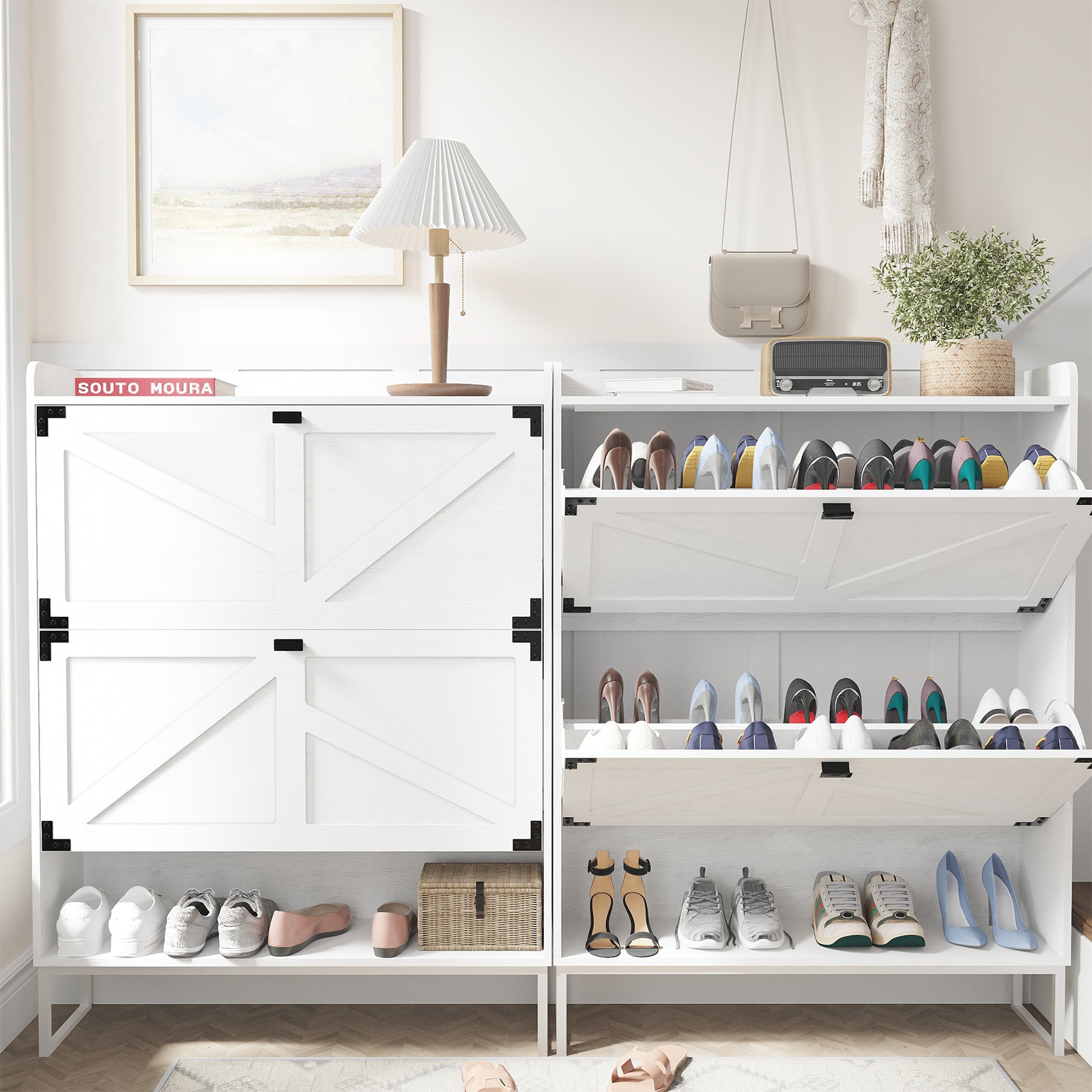 Shoe Cabinet with 2 Flip Drawers,Shoe Storage Cabinet for Entryway,Freestanding Shoe Cabinet Organizer with Open Storage,Narrow Farmhouse Shoe Rack with Metal Corner Decoration Legs,White - Grand Goldman Shop