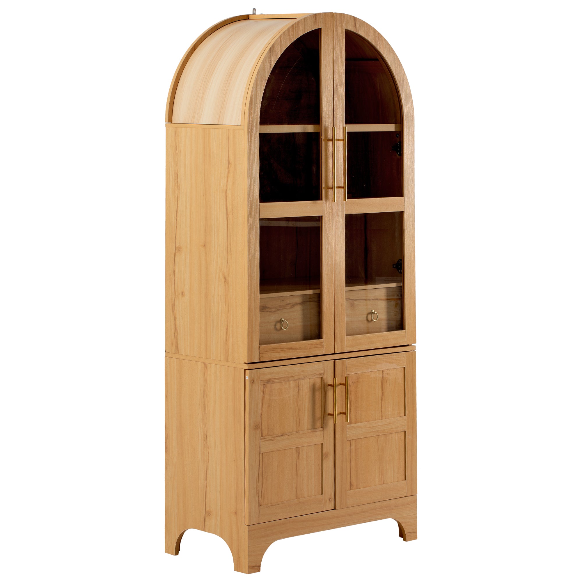 K&K 71' Tall Arched Kitchen Pantry Cabinet with Door Shelves, Farmhouse Kitchen Storage Cabinet with Open & Adjustable Shelves, Hidden Drawer & Glass Door, Cupboard for Kitchen, Dining Room, Natural - Grand Goldman Shop