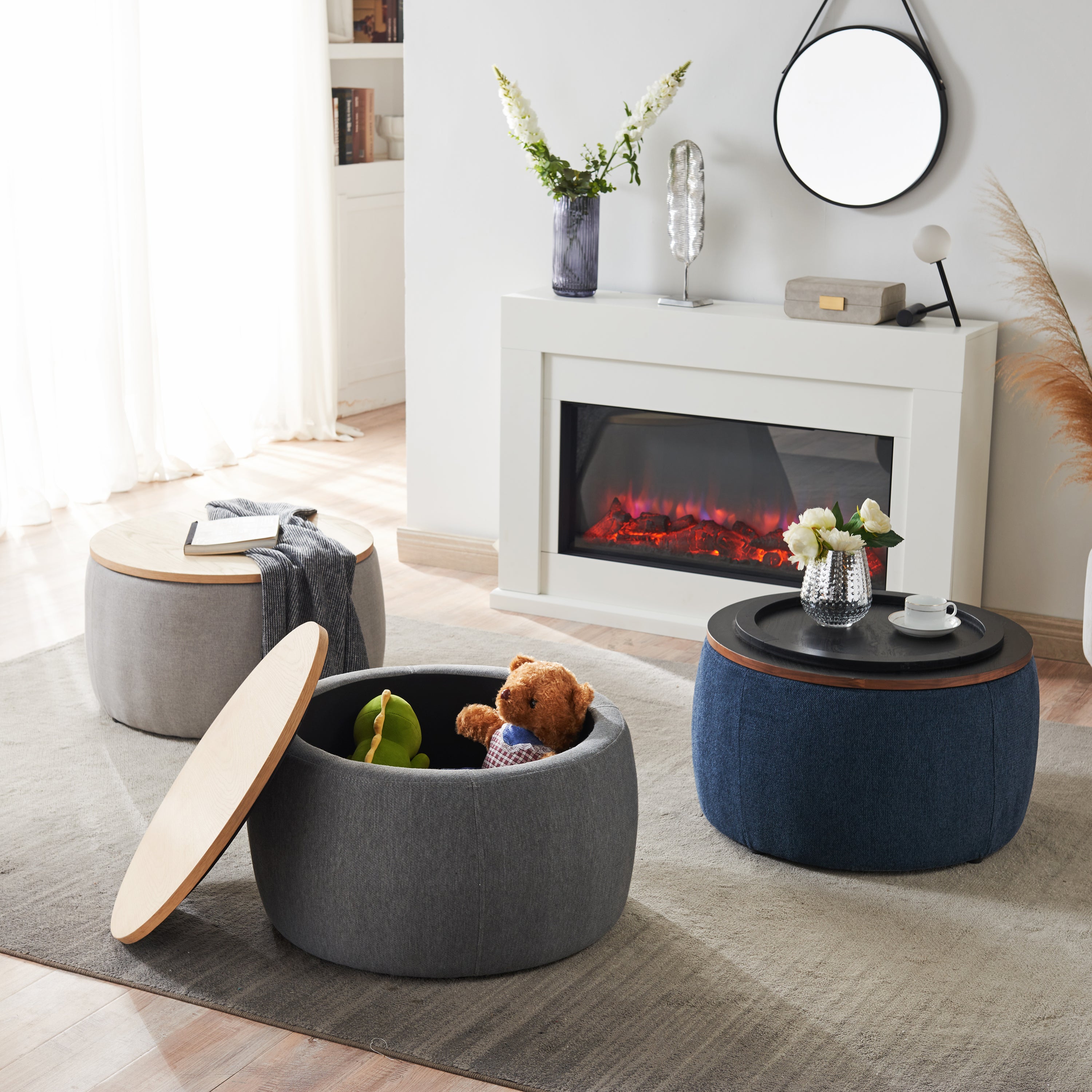 Round Storage Ottoman, 2 in 1 Function, Work as End table and Ottoman, Navy (25.5'x25.5'x14.5') - Grand Goldman Shop