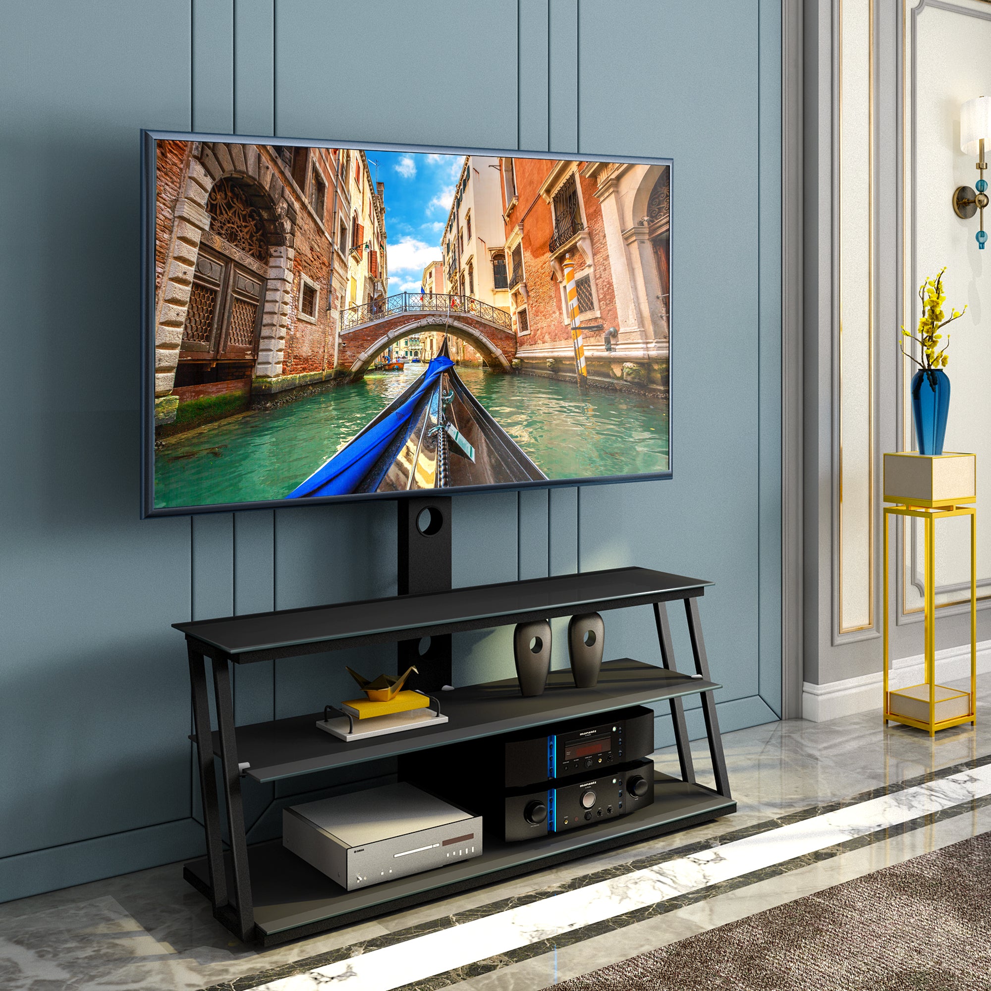 Multi-Function Adjustable TV Stand Black Tempered Glass - Grand Goldman Shop