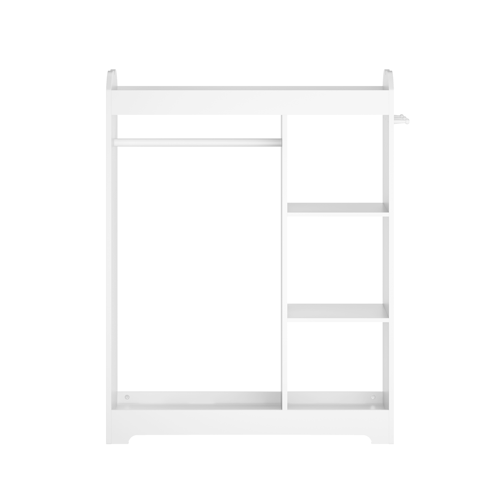 Kids Dress Up Storage with Mirror and Hooks, Wooden Dress Up Clothes Rack with Hanging Rod, 3 Side Hooks, Storage Shelves and