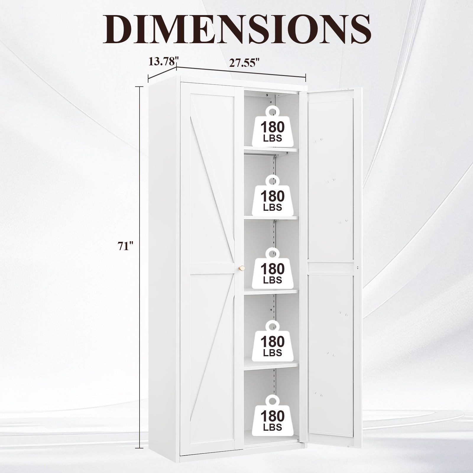 White Metal Adjustable 2-Door Storage Cabinet with Powder-Coated Steel, Tall Kitchen Pantry Cabinet with Adjustable Shelves f
