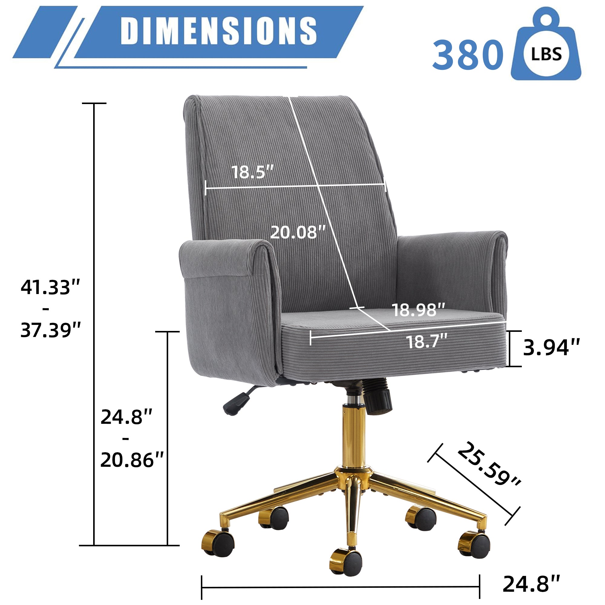 Ergonomic Mid-Back Office Chair with Striped Fabric in Gray, Corduroy Upholstery, Ideal for Work, Study, or Relaxation | Prem