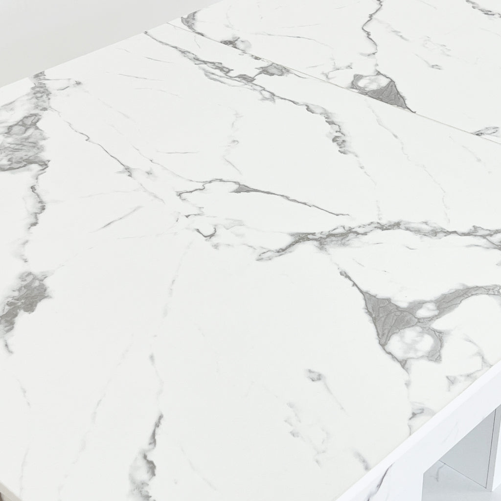 Extendable Dining Room Table for 6-10 Modern White Faux Marble Wooden Expandable Kitchen Table w/Dual Column Pedestal Base, Large Rectangle Dining Table - Grand Goldman Shop