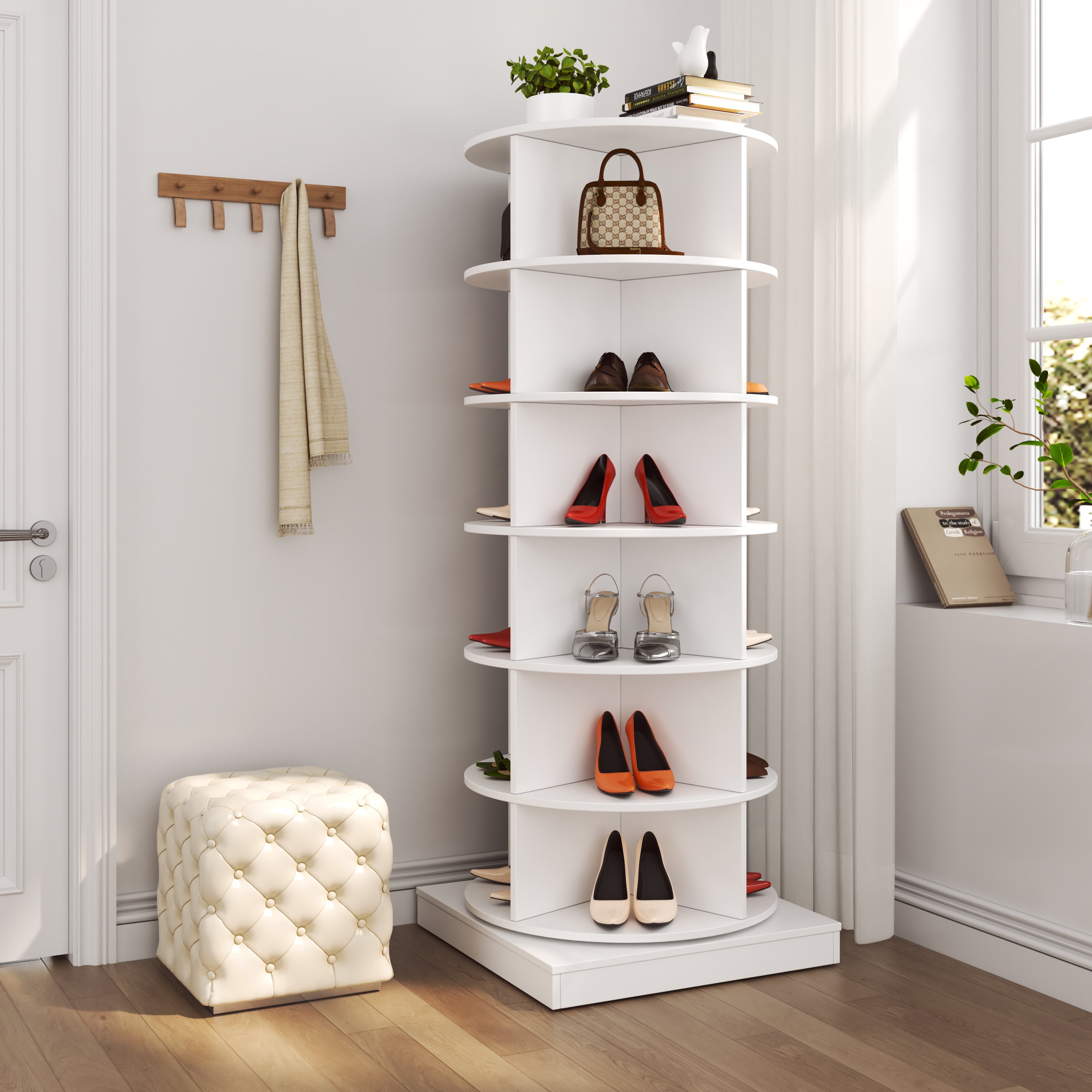 Modern 360 Rotating Shoe Cabinet with 6 Layers in White Particle Board and MDF - Grand Goldman Shop