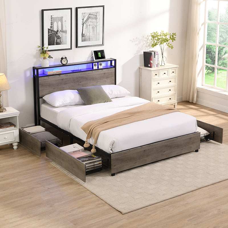 Full Bed Frame, Storage Headboard with Charging Station, Solid and Stable, Noise Free, No Box Spring Needed, Easy Assembly - Grand Goldman Shop