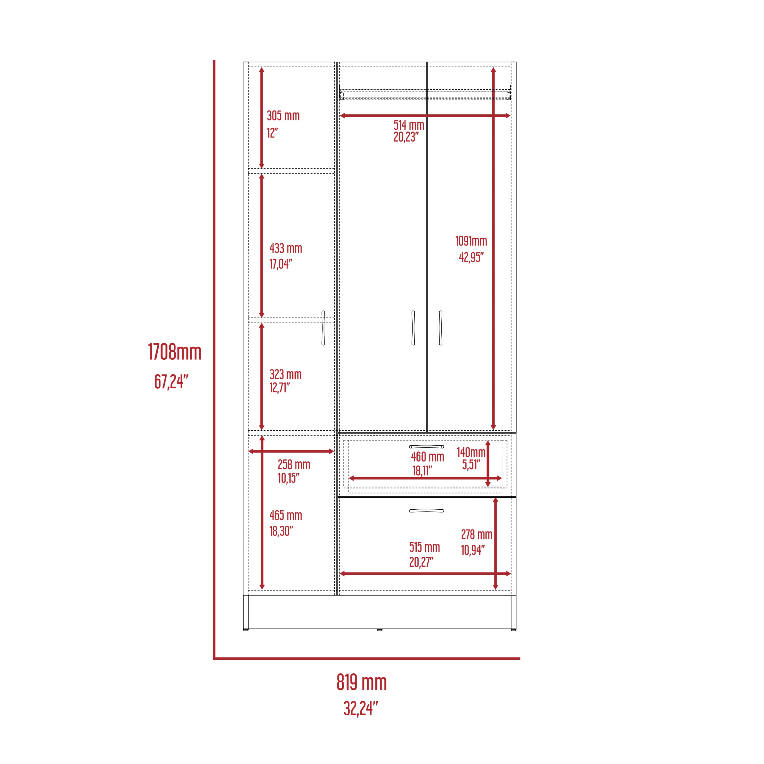 Primavera Armoire, Double Door Cabinets, One Drawer, Metal Rod, Five Shelves -Black / White - Grand Goldman Shop
