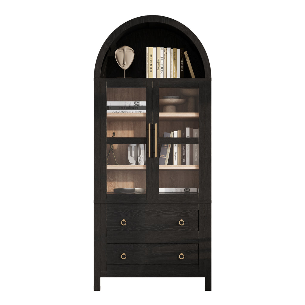 K&K 71' Tall Arched Kitchen Pantry Cabinet with 2 Large Drawers, Modern Farmhouse Kitchen Storage Cabinets with Adjustable Shelves, Glass Door, Wood Versatile Cupboard for Kitchens, Dining Room, Black - Grand Goldman Shop