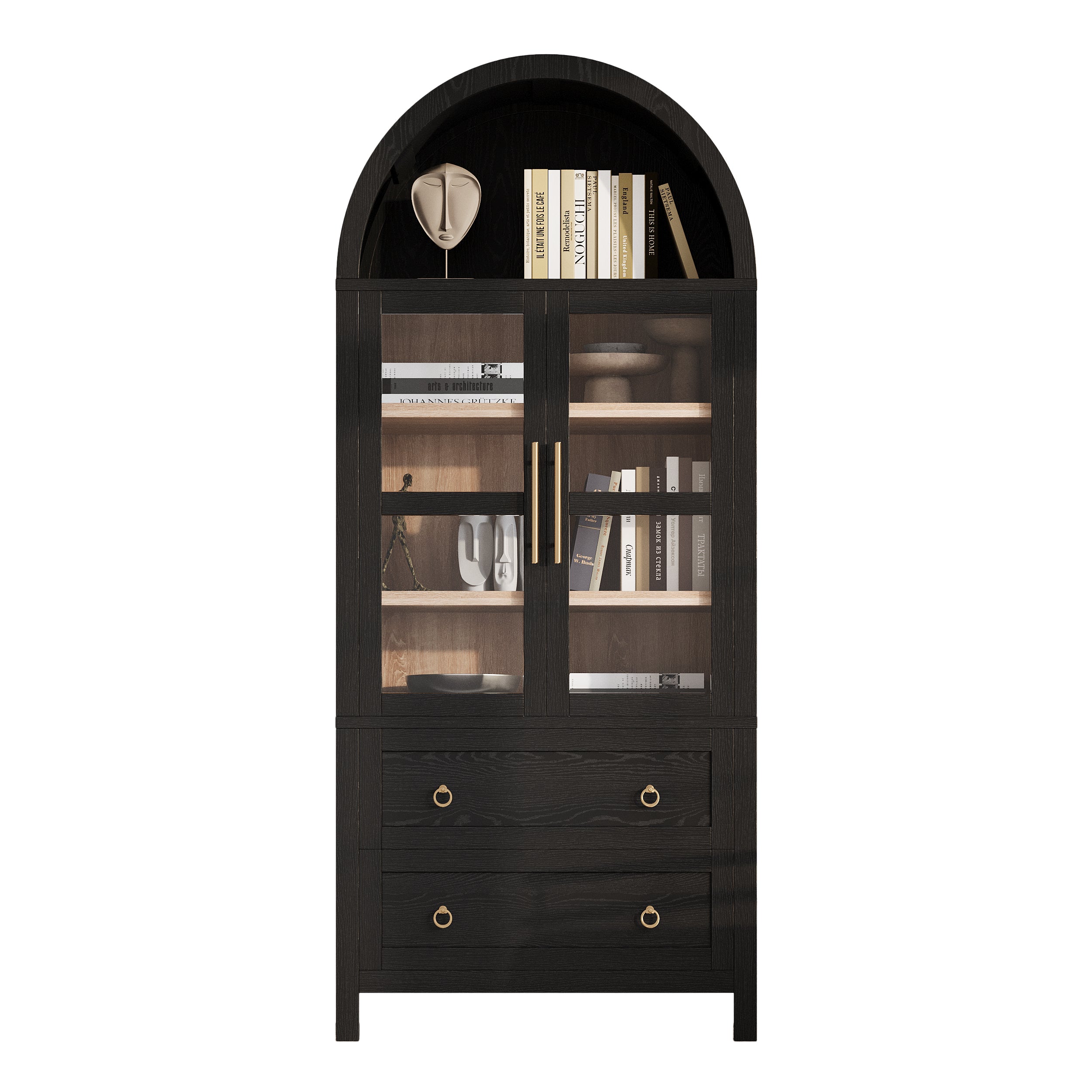 K&K 71' Tall Arched Kitchen Pantry Cabinet with 2 Large Drawers, Modern Farmhouse Kitchen Storage Cabinets with Adjustable Shelves, Glass Door, Wood Versatile Cupboard for Kitchens, Dining Room, Black - Grand Goldman Shop