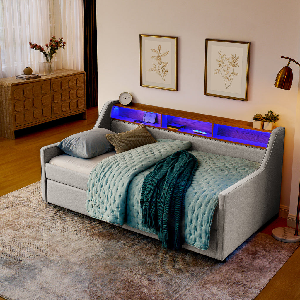 Beige Linen Upholstered Twin Sofa Bed with LED Lights, Storage Drawers, Adjustable Headboard & Wireless Charging - Grand Goldman Shop