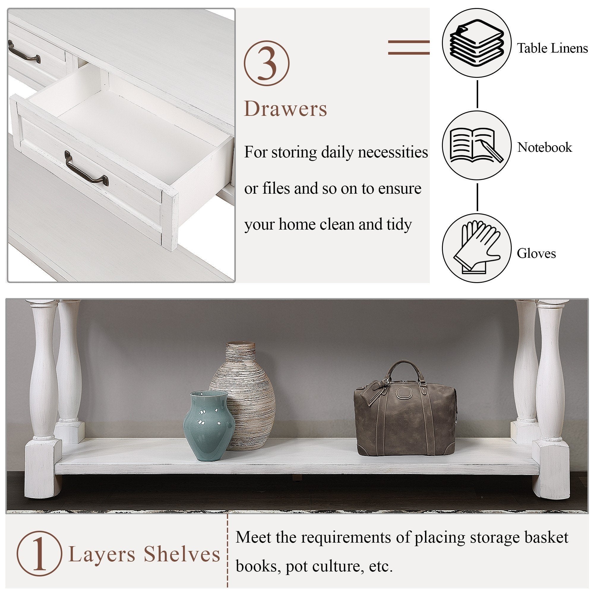63inch Long Wood Console Table with 3 Drawers and 1 Bottom Shelf for Entryway Hallway Easy Assembly Extra-thick Sofa Table (Antique White) - Grand Goldman Shop