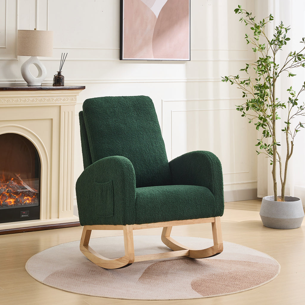 27.2'W Rocking Chair for Nursery, Sherpa Glider Chair with High Back and Side Pocket, Rocking Accent Armchair with Rubber Wood Legs for Living Room/Bedroom.Green - Grand Goldman Shop