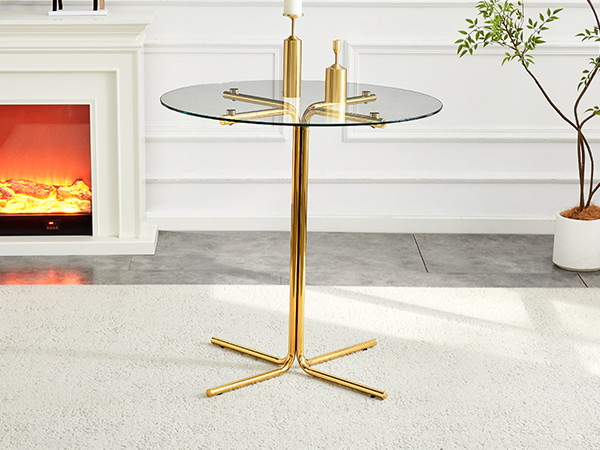 Round glass bar high table, 36 inch round bar table, tempered glass tabletop, sturdy gold chrome plated four column support, suitable for transparent round bar tables in small spaces, kitchens - Grand Goldman Shop