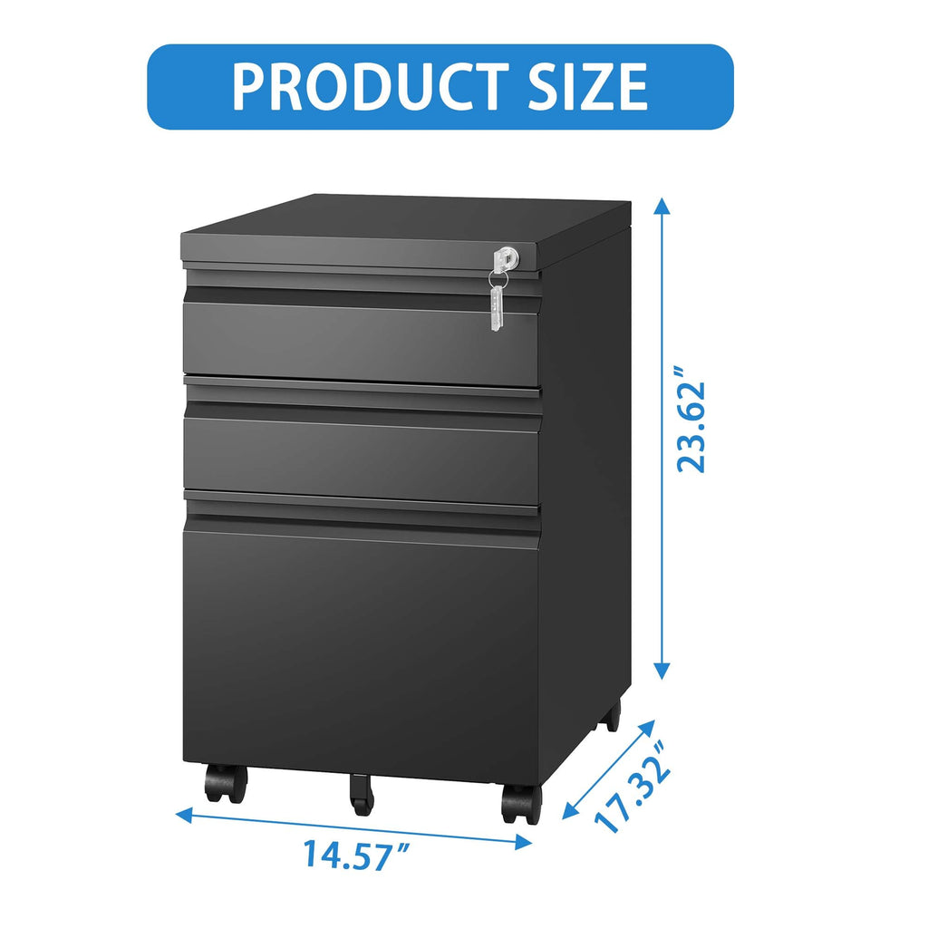 Black Metal 3 Drawer Mobile File Cabinet with Lock for Home Office Organizer, Fully Assembled | Premium Home Decor - Grand Go