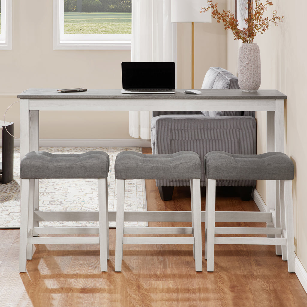 4 Piece Bar Table Set with Power Outlet, Bar Table Set with Chairs, Sofa Bar Table with Stools, Behind Couch Table with 3 Padded Stools, for Living Room, Dining room, White & Grey - Grand Goldman Shop