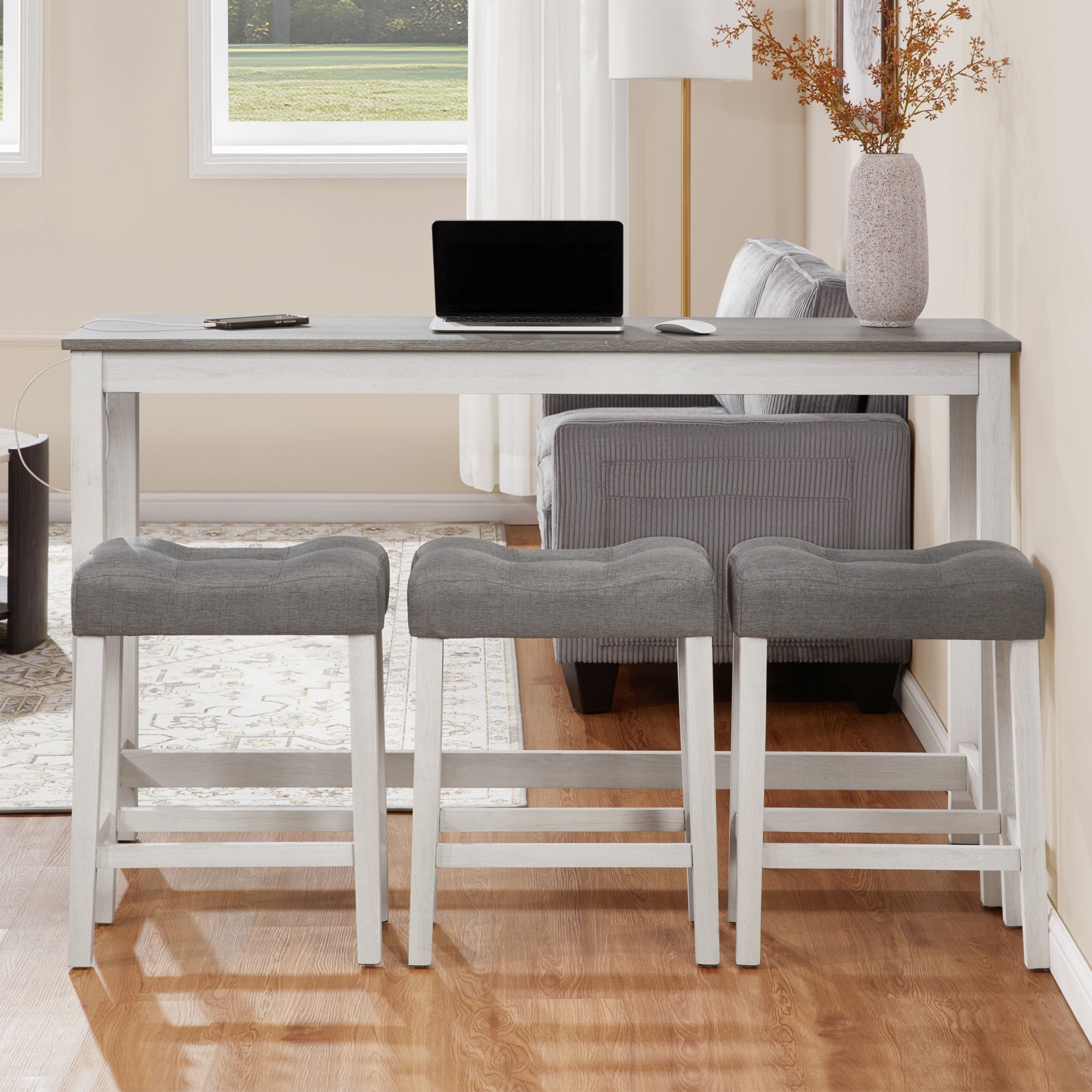 4 Piece Bar Table Set with Power Outlet, Bar Table Set with Chairs, Sofa Bar Table with Stools, Behind Couch Table with 3 Padded Stools, for Living Room, Dining room, White & Grey - Grand Goldman Shop
