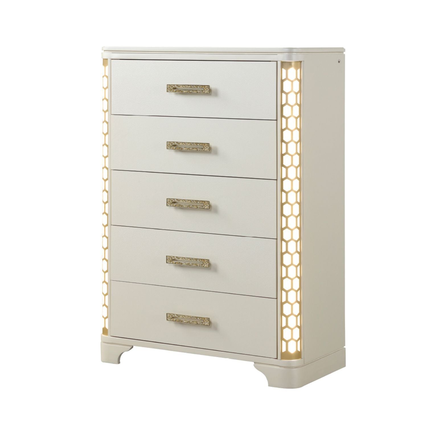 Jasmine Queen 5 Pc LED Bedroom Set in Beige made with Wood and Gold Accents - Grand Goldman Shop