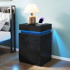 Nightstand with Built-In Charging Station and LED Lighting, 3-Drawer Sliding-Top Modern Bedside Table, Black Wooden End Table - Grand Goldman Shop