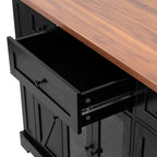 K&K 53'' Farmhouse Kitchen Island with Two Tempered Glass Cabinet Doors, Power Outlet, Rolling Kitchen Cart on Wheels with Drop Leaf, 5 Open Side Racks, 3 Drawers, for Kitchen, Dining Room, Black - Grand Goldman Shop