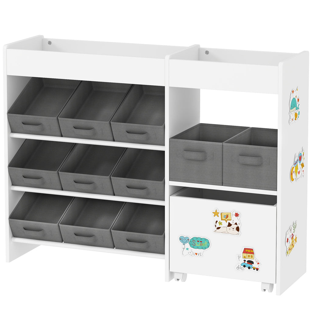 Qaba Toy Storage Organizer with 6 Shelves and 11 Fabric Bins, Moveable Cabinet and 3 Stickers, Toy Organizer for Nursery, Pla